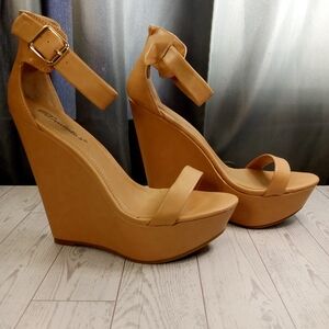 Tan Wedge Sandals with Ankle Straps and Platform Sole